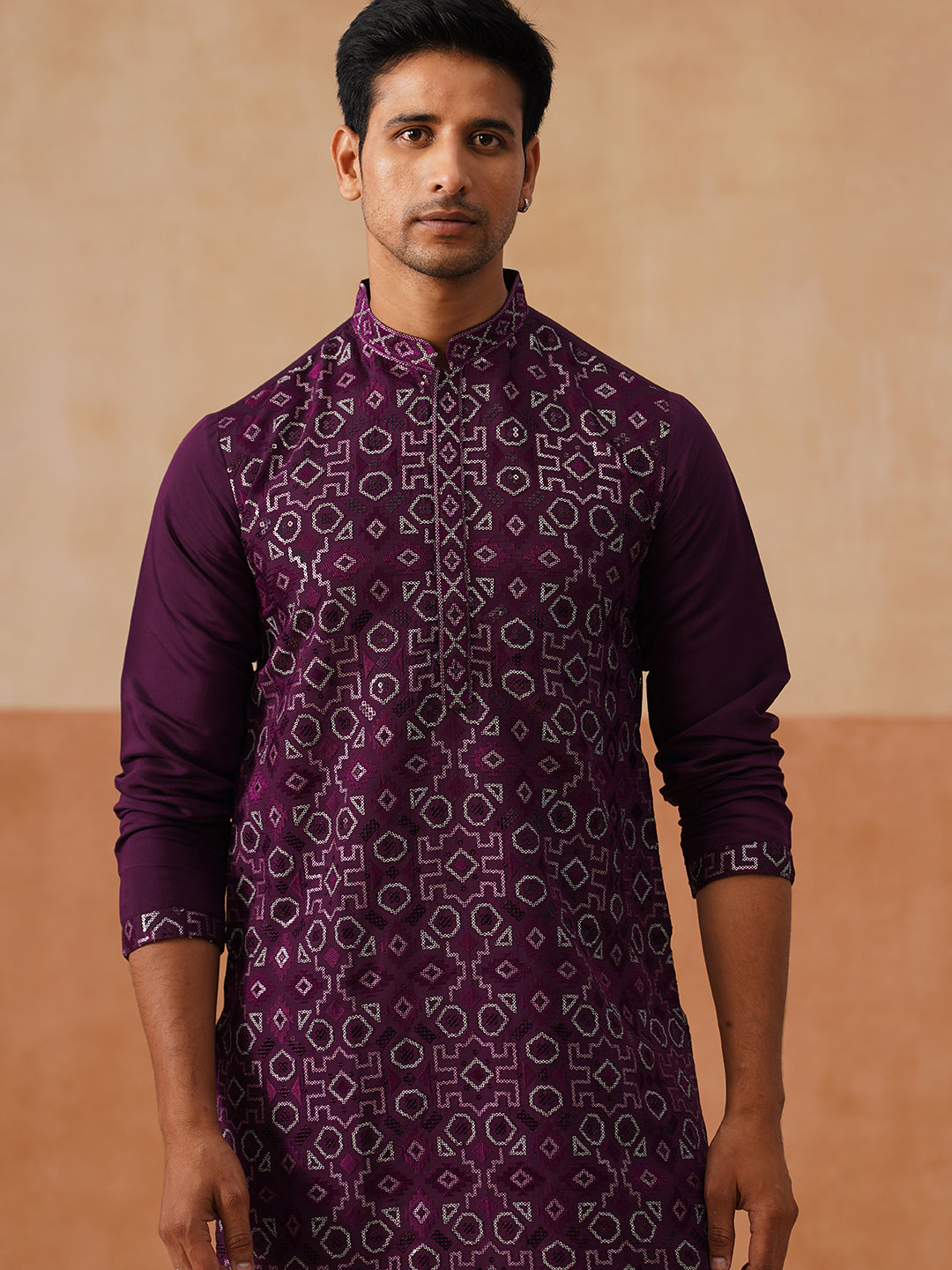 DesiQlo Men Embroidered Kurta Pyjama Set - Purple - JOKP_P_5295Purple_