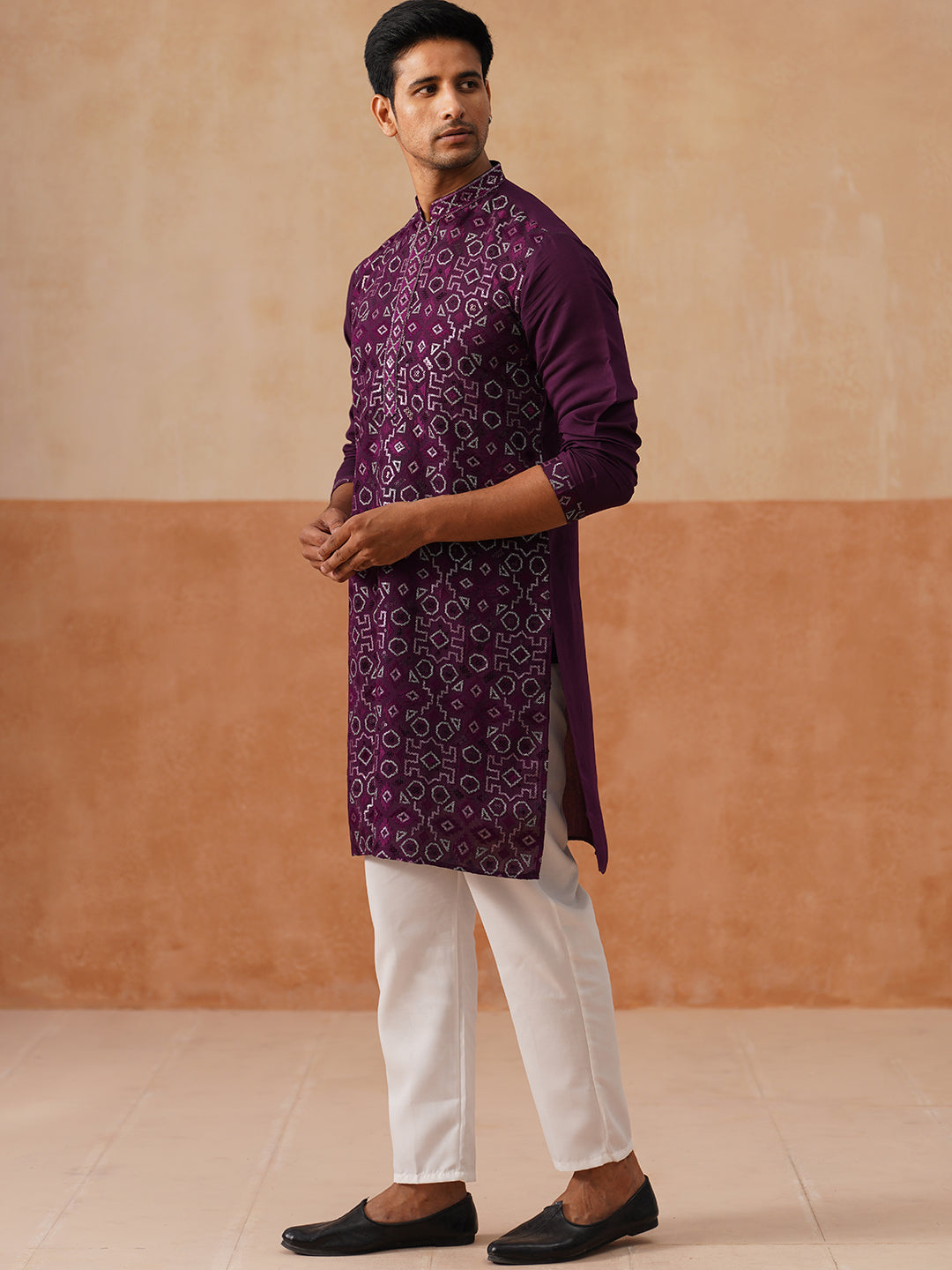DesiQlo Men Embroidered Kurta Pyjama Set - Purple - JOKP_P_5295Purple_