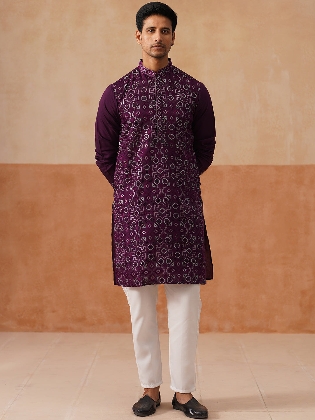 DesiQlo Men Embroidered Kurta Pyjama Set - Purple - JOKP_P_5295Purple_