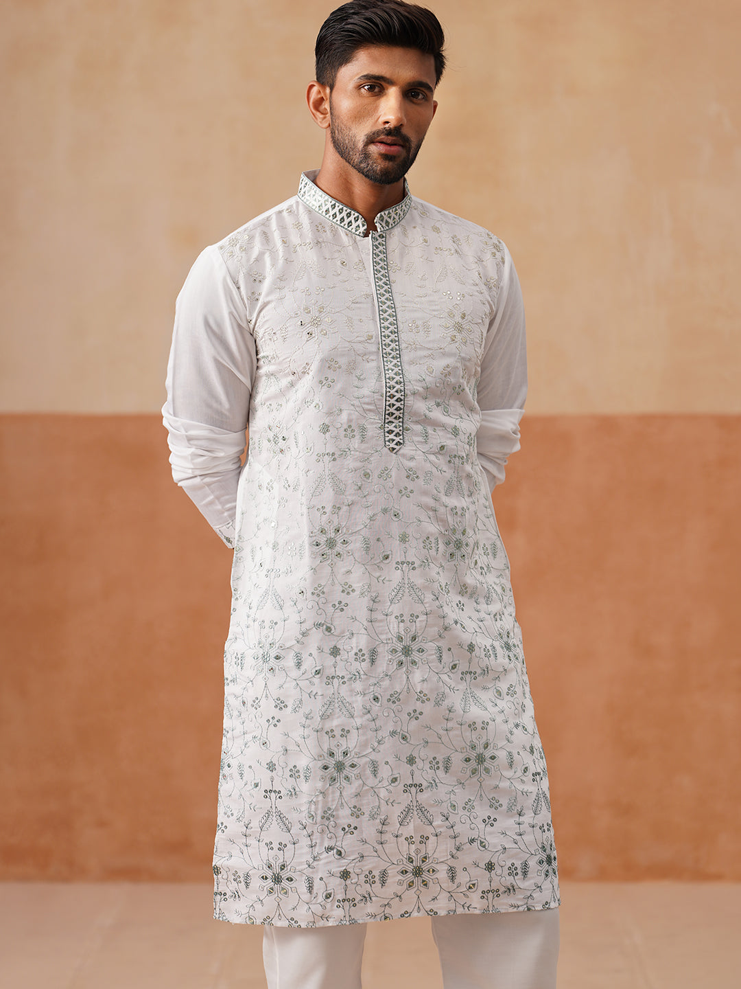 DesiQlo Men Embroidered Kurta Pyjama Set - White - JOKP_P_5296White_S