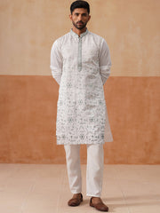 Men’s Silk Blend Embroidered Kurta Pyjama Set (JOKP P 5296 White ) [FF] [Q-17-18]
