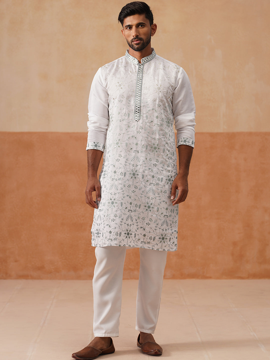 DesiQlo Men Embroidered Kurta Pyjama Set - White - JOKP_P_5296White_S