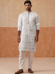 Men’s Silk Blend Embroidered Kurta Pyjama Set (JOKP P 5296 White ) [FF] [Q-17-18]