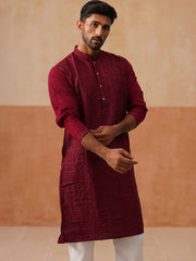 Men's Silk Blend Embroidered Kurta Pyjama Set ( JOKP P 5297 P 5297Wine ) [FF] [A-15-16]