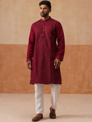Men's Silk Blend Embroidered Kurta Pyjama Set ( JOKP P 5297 P 5297Wine ) [FF] [A-15-16]