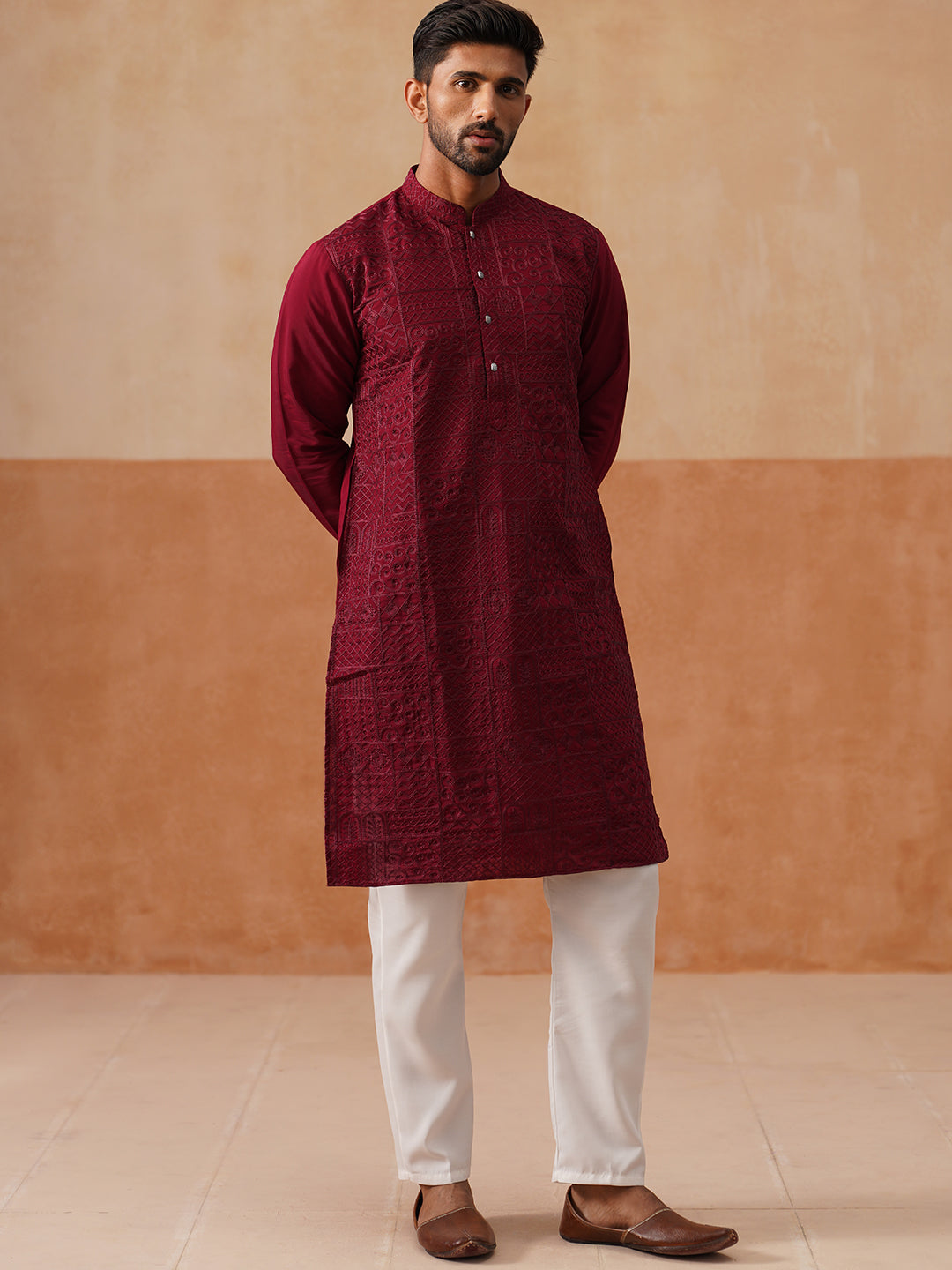DesiQlo Men Embroidered Kurta Pyjama Set - Maroon - JOKP_P_5297Wine_S