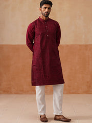 Men's Silk Blend Embroidered Kurta Pyjama Set ( JOKP P 5297 P 5297Wine ) [FF] [A-15-16]