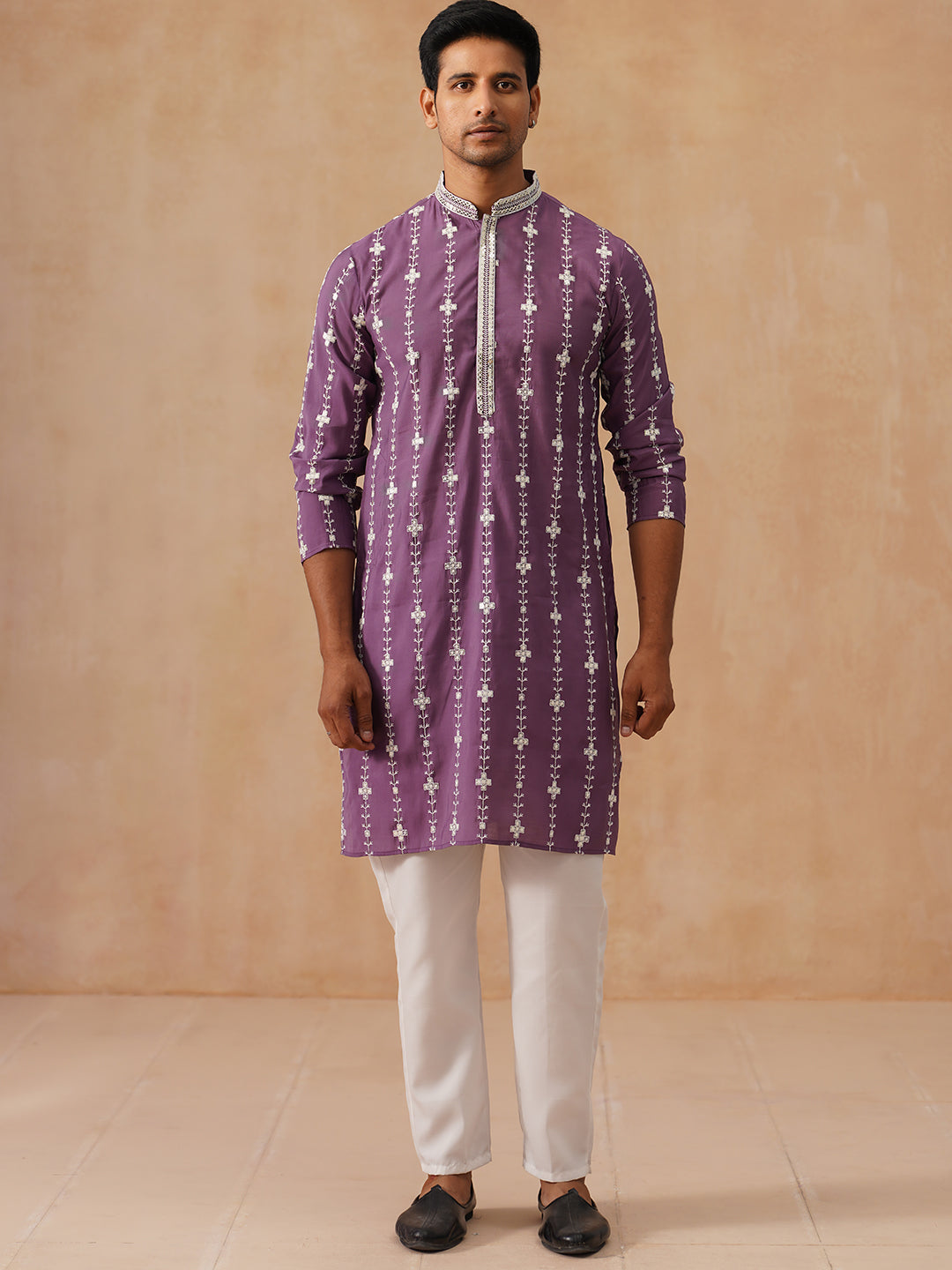 DesiQlo Men Embroidered Kurta Pyjama Set - Purple - JOKP_P_5299Purple_