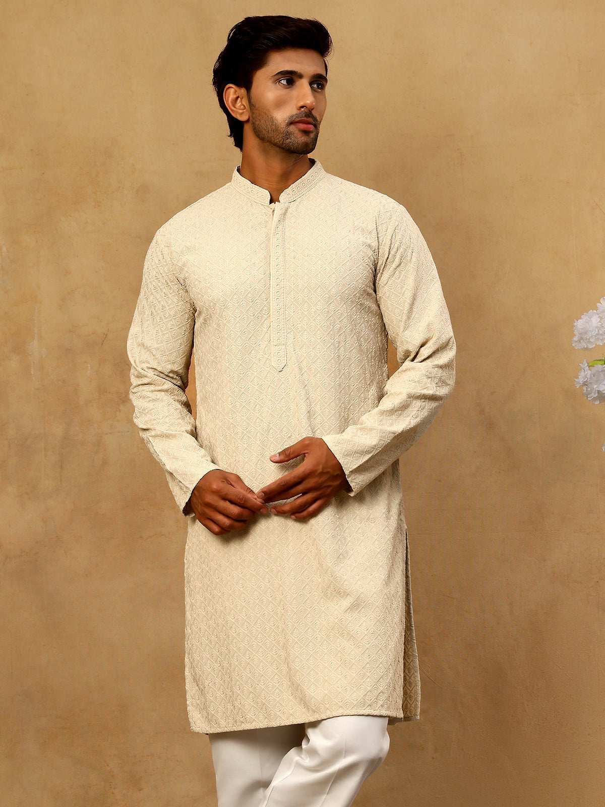 Men Embroidered Viscose Rayon Kurta with Pyjama ( JOKP P 5305Beige )