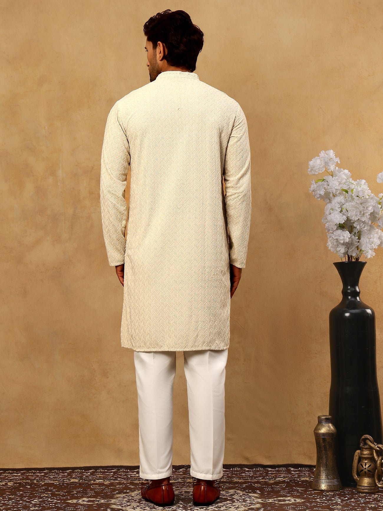 DesiQlo Men Embroidered Kurta Pyjama Set - Beige - JOKP_P_5305Beige_S