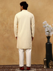Men Embroidered Viscose Rayon Kurta with Pyjama ( JOKP P 5305Beige )