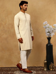 Men Embroidered Viscose Rayon Kurta with Pyjama ( JOKP P 5305Beige )