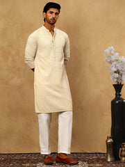 Men Embroidered Viscose Rayon Kurta with Pyjama ( JOKP P 5305Beige )