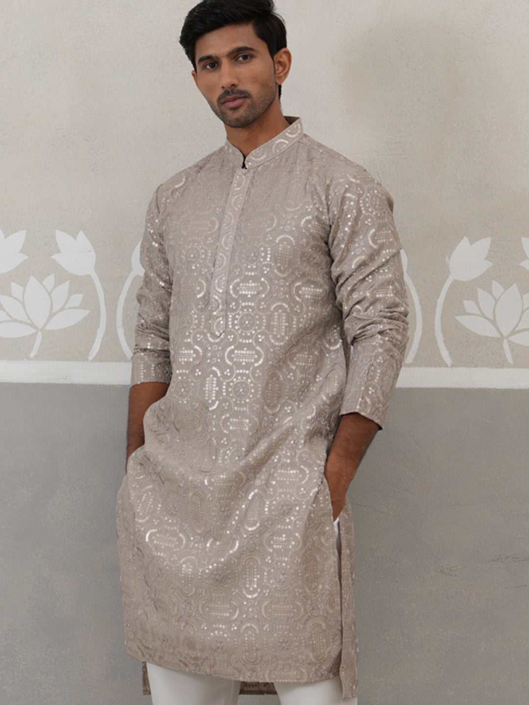 DesiQlo Men Embroidered Kurta Pyjama Set - Grey - JOKP_P_5306Grey_S