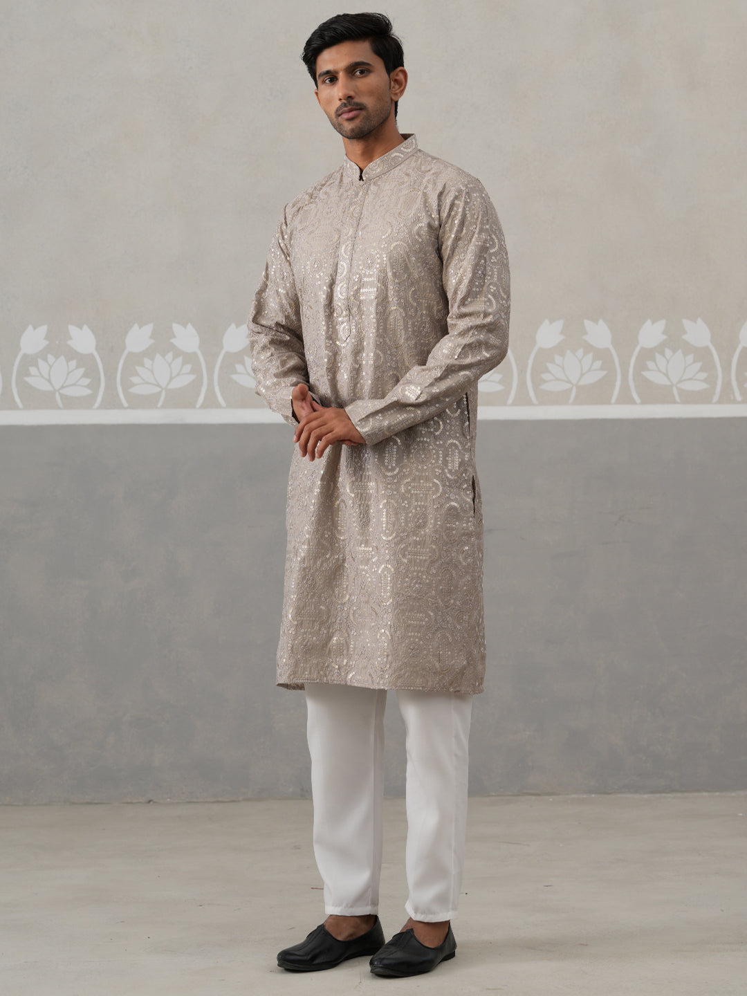 DesiQlo Men Embroidered Kurta Pyjama Set - Grey - JOKP_P_5306Grey_S
