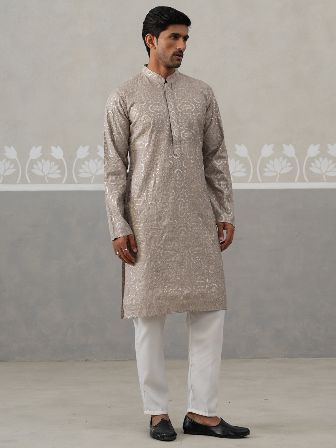 DesiQlo Men Embroidered Kurta Pyjama Set - Grey - JOKP_P_5306Grey_S