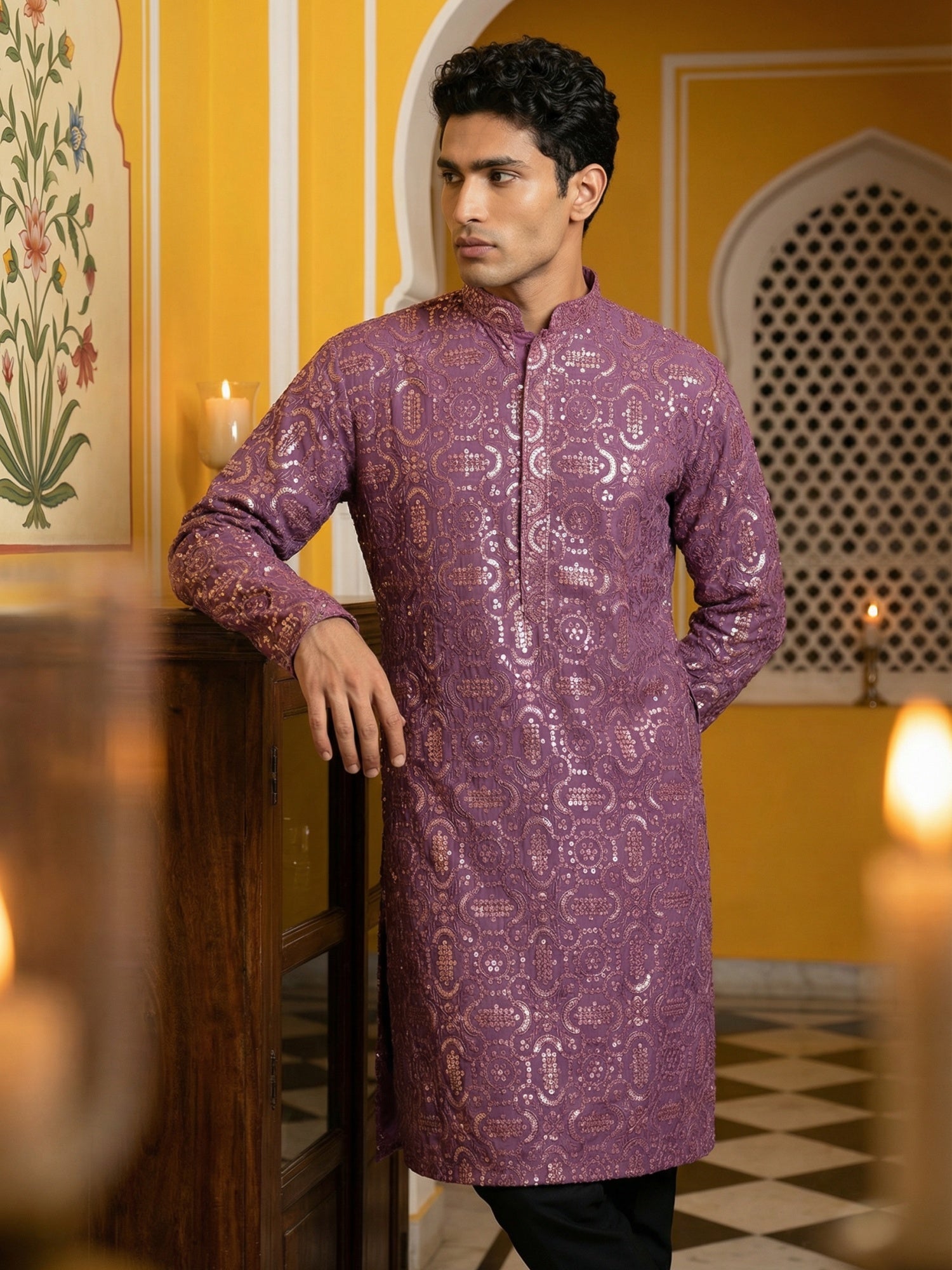 DesiQlo Men Embroidered Kurta Pyjama Set - Purple - JOKP_B-P_5306Purpl