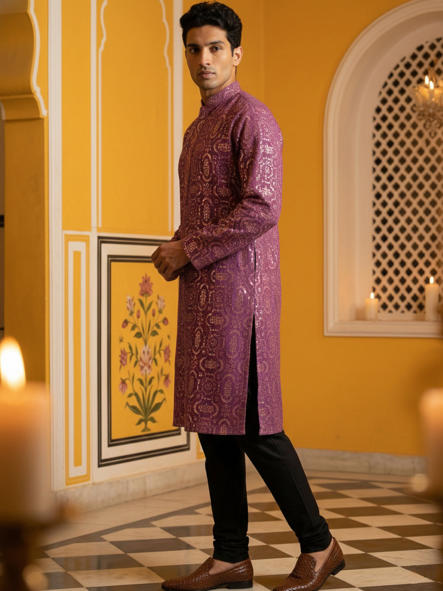 DesiQlo Men Embroidered Kurta Pyjama Set - Purple - JOKP_B-P_5306Purpl