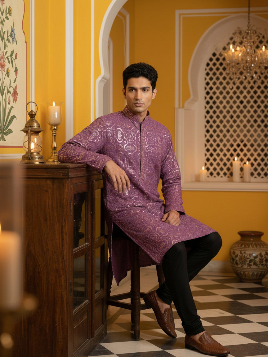 DesiQlo Men Embroidered Kurta Pyjama Set - Purple - JOKP_B-P_5306Purpl
