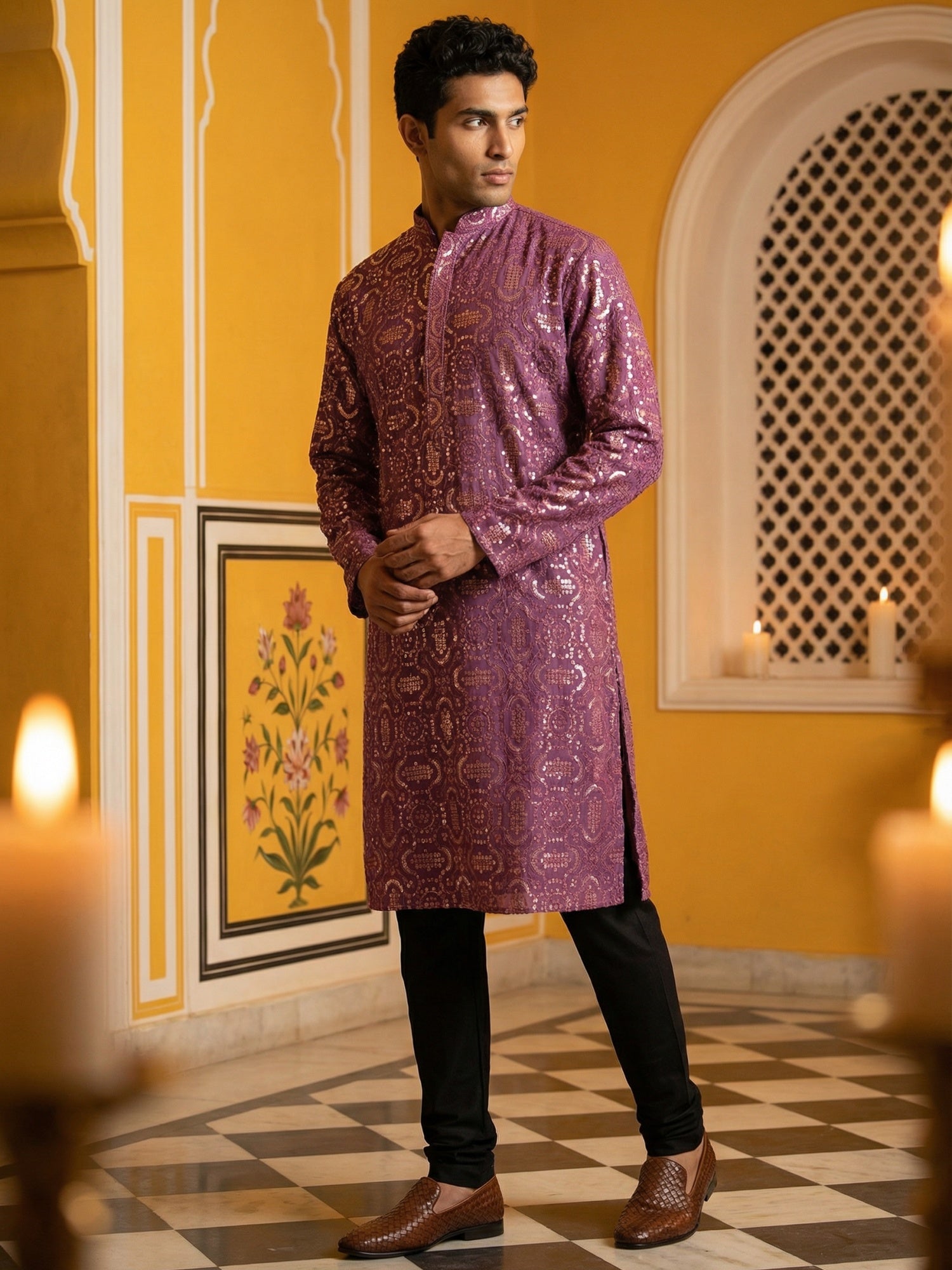 DesiQlo Men Embroidered Kurta Pyjama Set - Purple - JOKP_B-P_5306Purpl