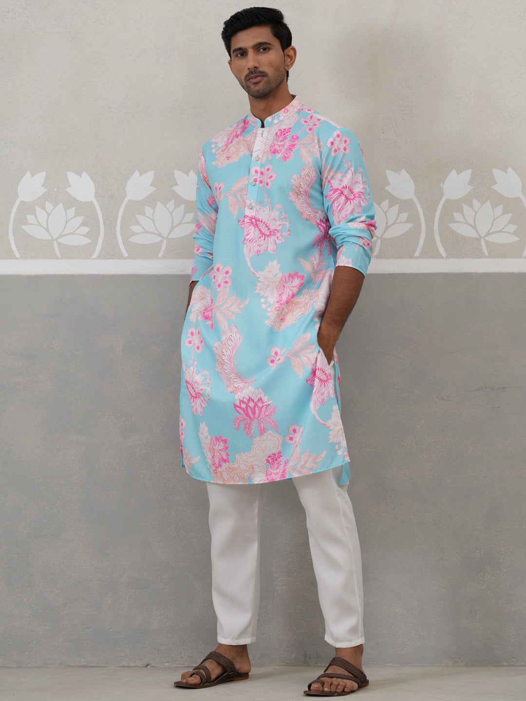 DesiQlo Men Printed Kurta Pyjama Set - Blue - JOKP_P_5307Sky_S