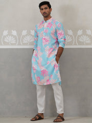 Men's Floral Printed Cotton Straight Kurta Pyjama Set ( JOKP P 5307 P 5307Sky ) [FF] [J-1]