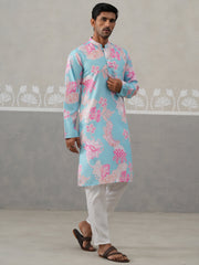 Men's Floral Printed Cotton Straight Kurta Pyjama Set ( JOKP P 5307 P 5307Sky ) [FF] [J-1]