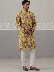 Men's Floral Printed Cotton Straight Kurta Pyjama Set (JOKP P 5307 Yellow ) [FF] [J-1]