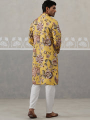 Men's Floral Printed Cotton Straight Kurta Pyjama Set (JOKP P 5307 Yellow ) [FF] [J-1]