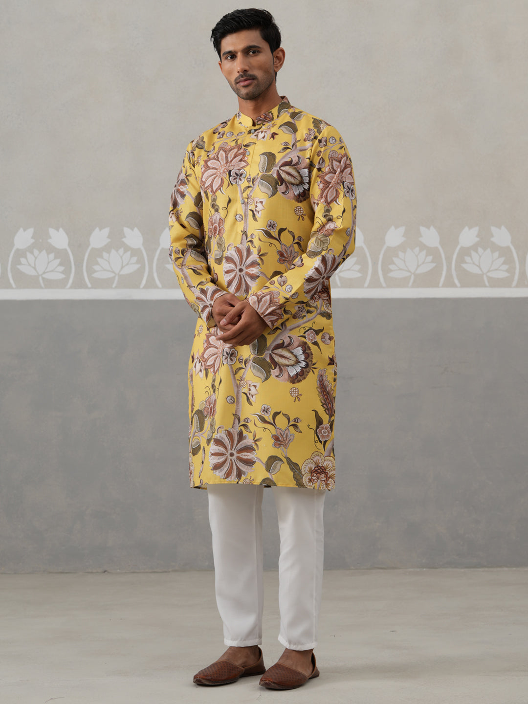DesiQlo Men Printed Kurta Pyjama Set - Yellow - JOKP_P_5307Yellow_S