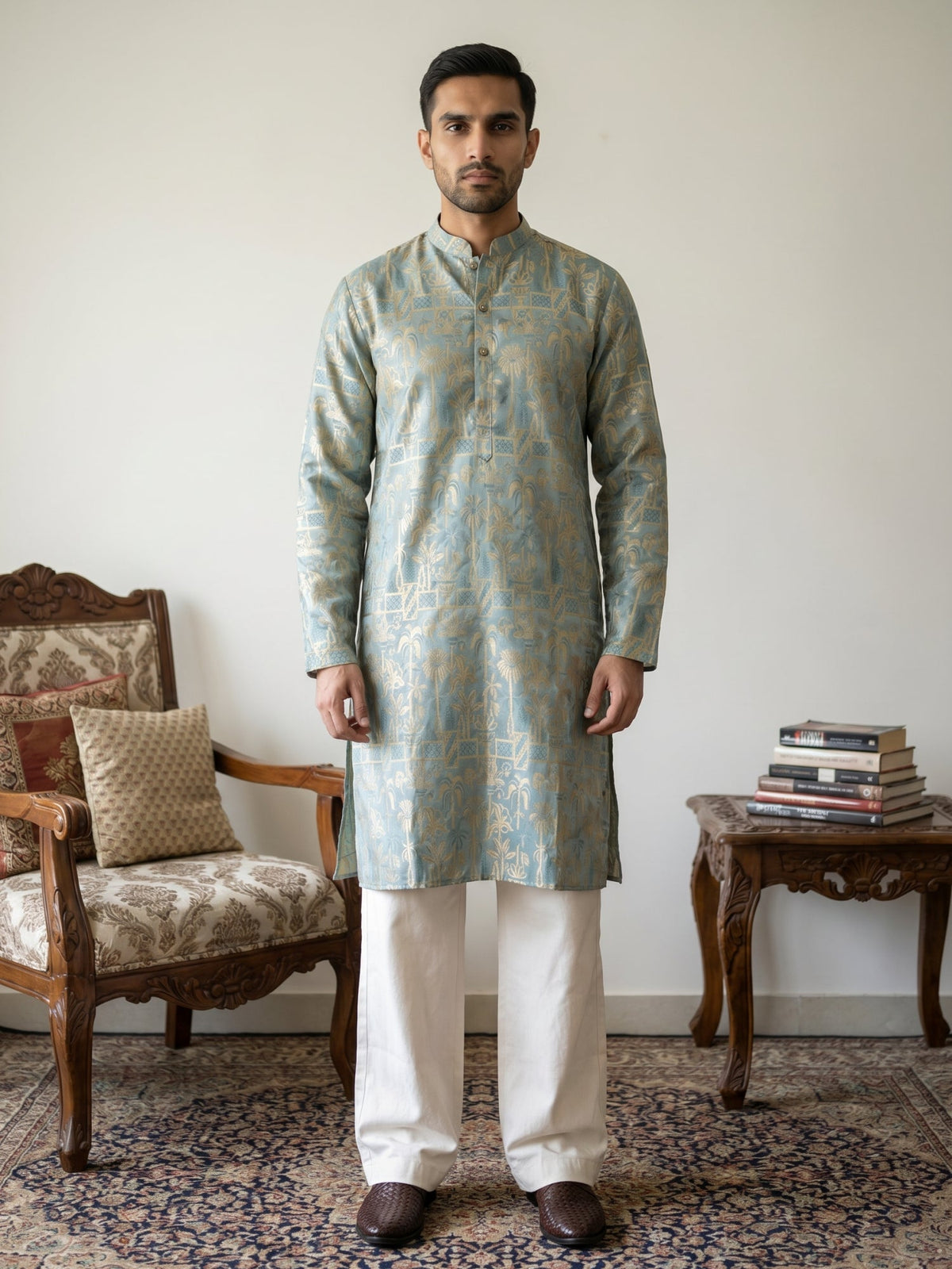 Designer Silk Blend Kurta with Korean Pants ( JOKP PJ11W 5309Sea-Green )