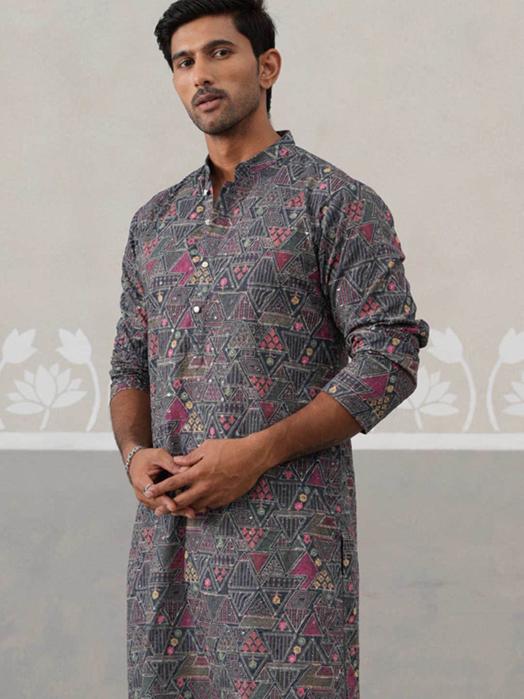 Printed and Emrbroidered Kurta Pyjama Set ( JOKP P 5314Grey ) [FF] [C-10]