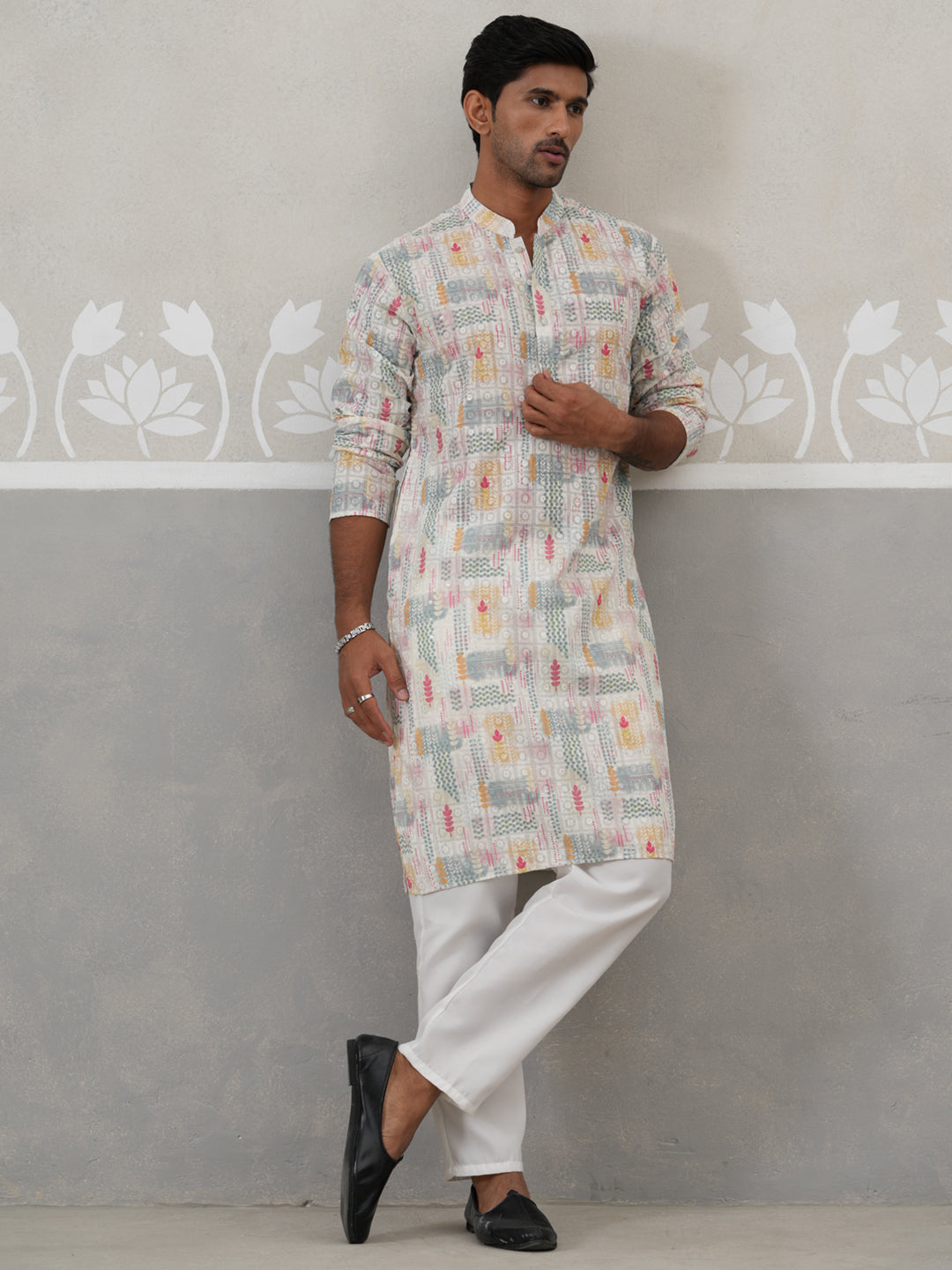 DesiQlo Men Embroidered Kurta Pyjama Set - White - JOKP_P_5314Off-Whit