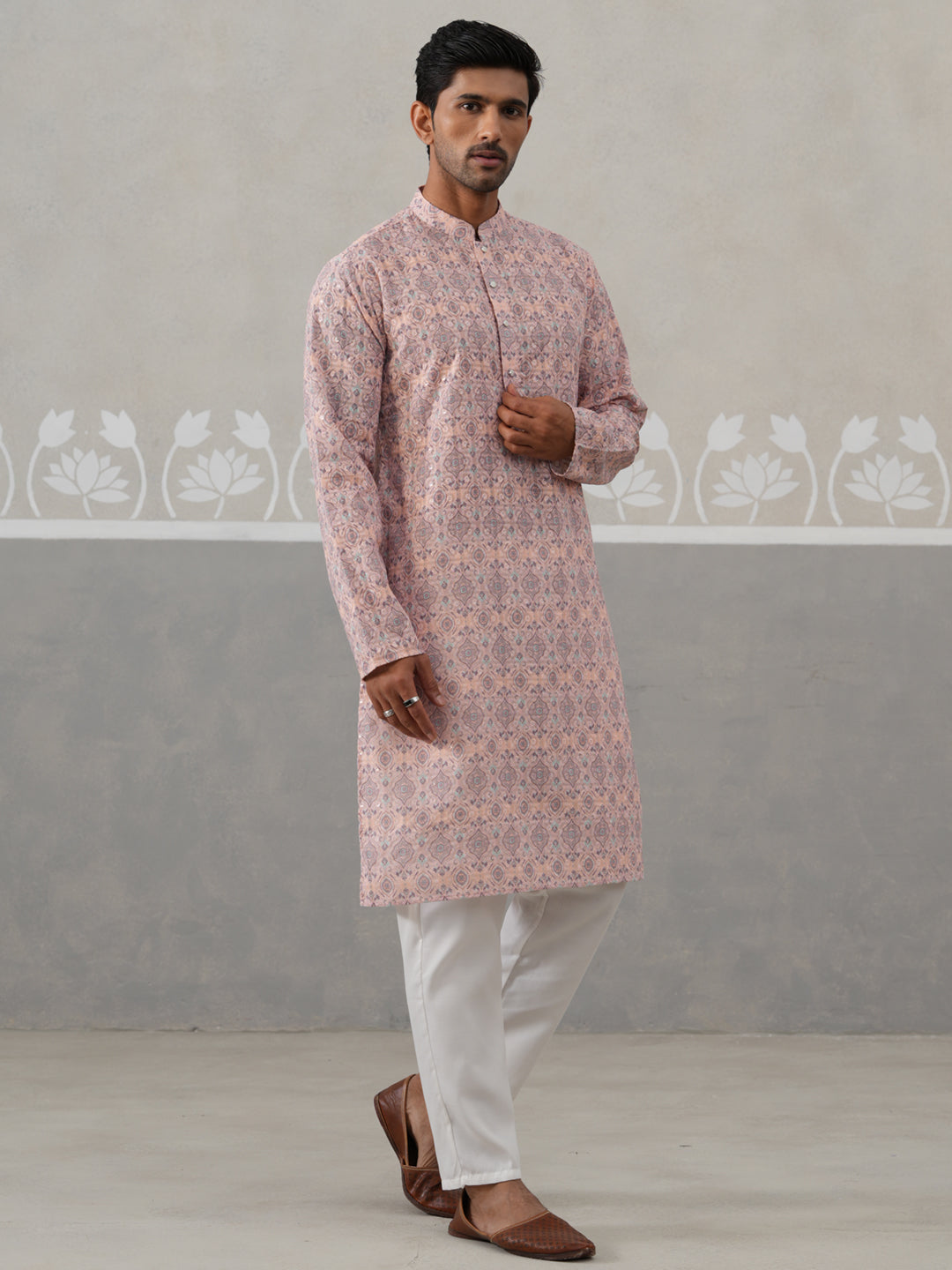 DesiQlo Men Embroidered Kurta Pyjama Set - Orange - JOKP_P_5314Peach_S