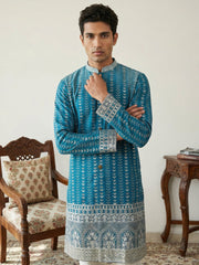 Designer Embroidery Silk Blend Kurta Pyjama for Men ( JOKP P 5317Peacock S ) [FF] [B-1-2]