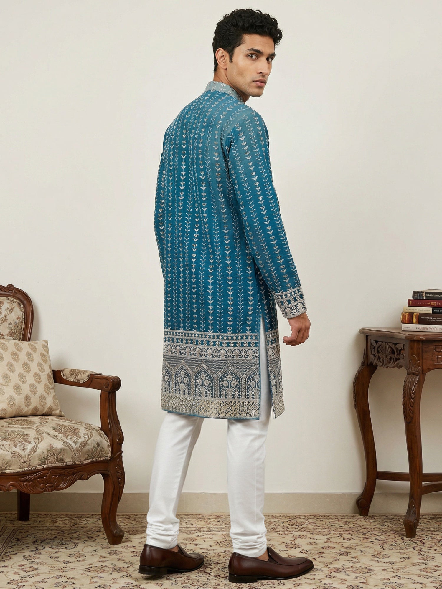 DesiQlo Men Embroidered Kurta Pyjama Set - Multicolor - JOKP_P_5317Pea