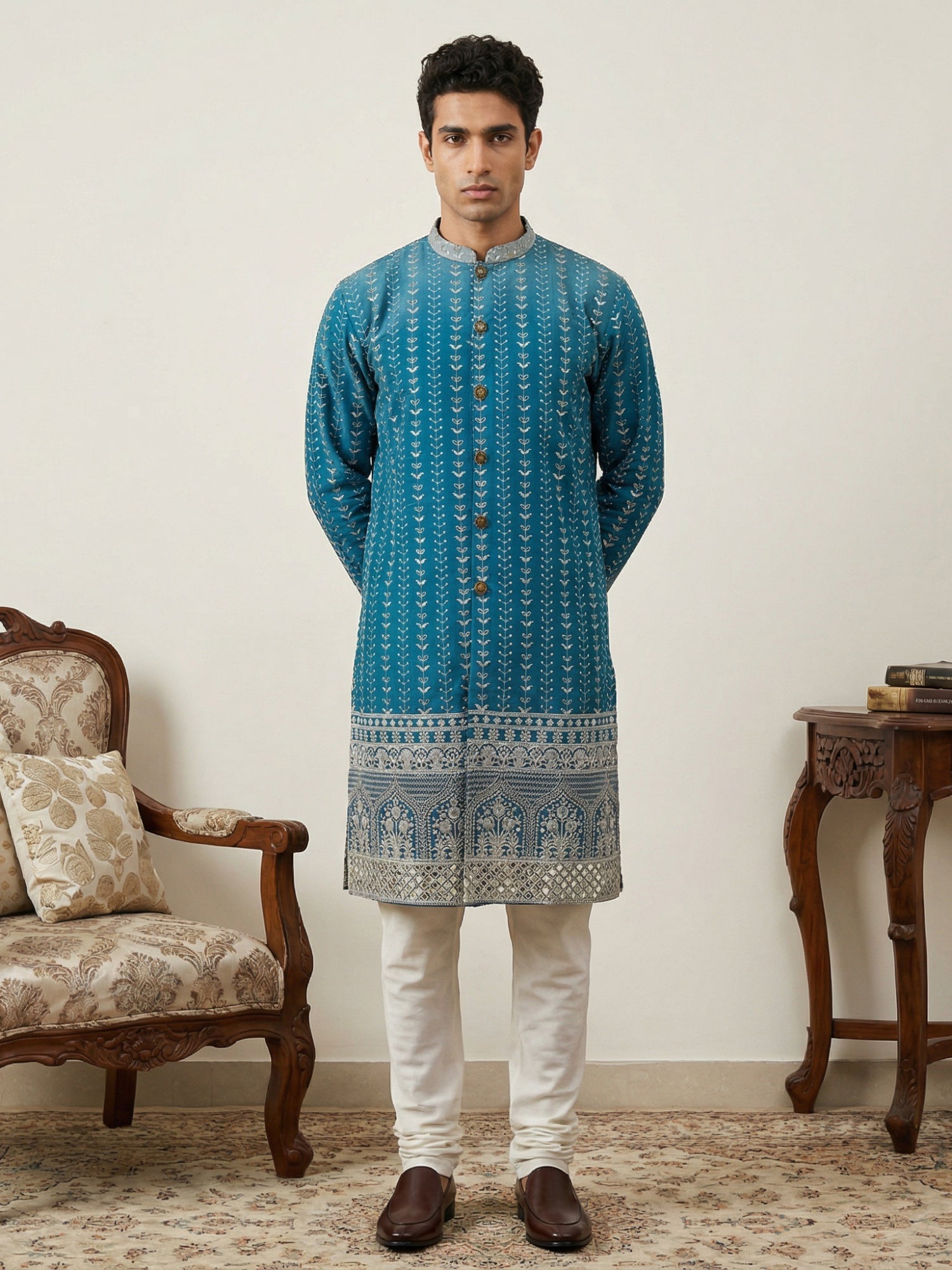 DesiQlo Men Embroidered Kurta Pyjama Set - Multicolor - JOKP_P_5317Pea
