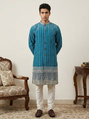 Designer Embroidery Silk Blend Kurta Pyjama for Men ( JOKP P 5317Peacock S ) [FF] [B-1-2]
