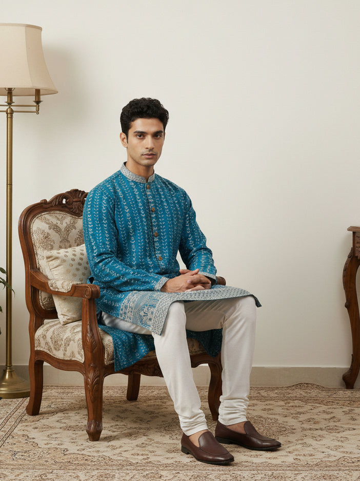 DesiQlo Men Embroidered Kurta Pyjama Set - Multicolor - JOKP_P_5317Pea