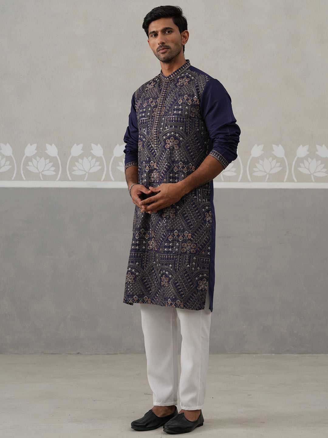 DesiQlo Men Embroidered Kurta Pyjama Set - Blue - JOKP_P_5318Navy_S