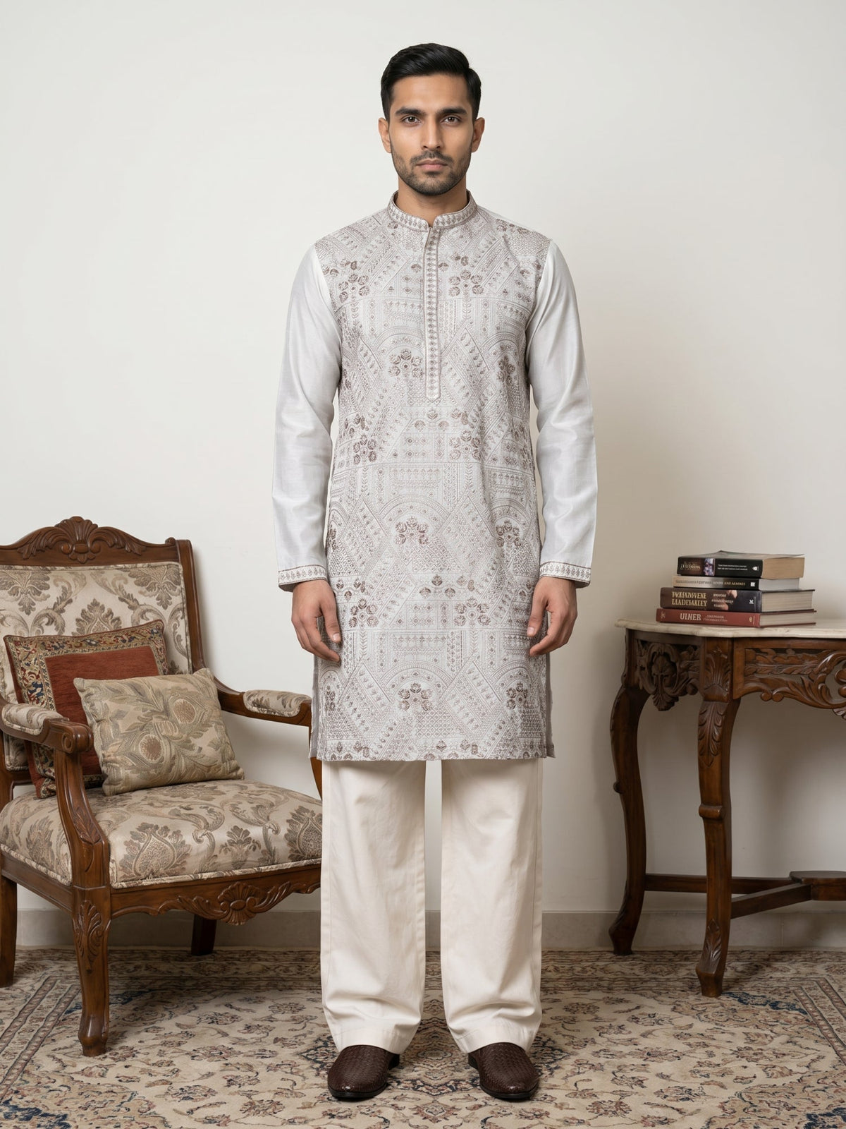 Traditional Embroidered Kurta with Korean Pants ( JOKP PJ11W 5318White )
