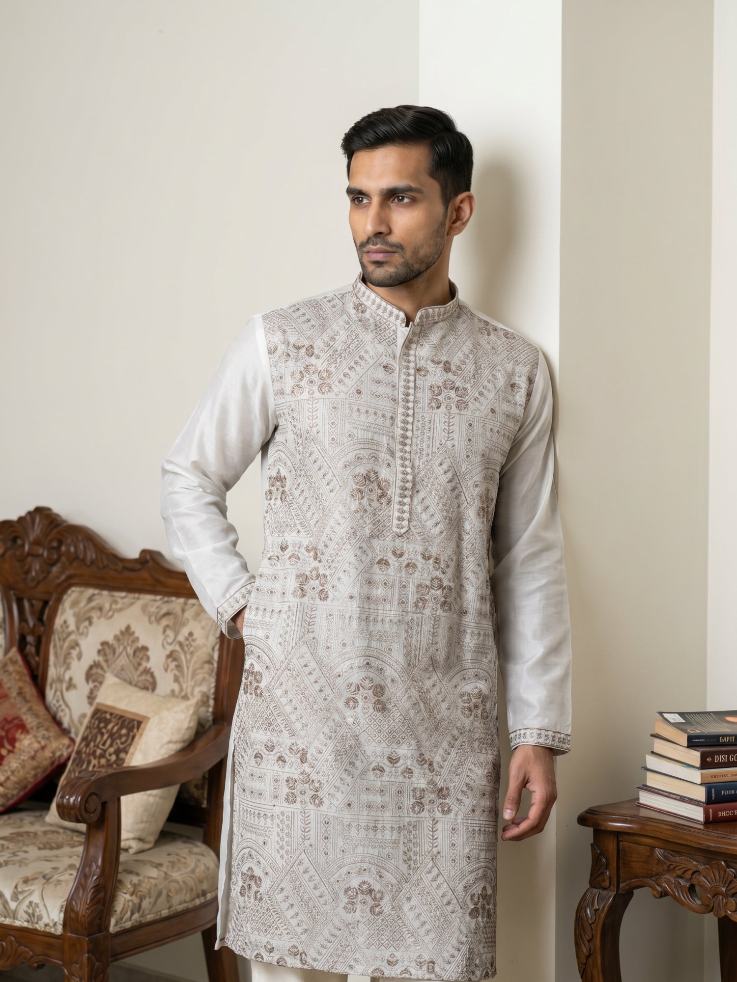 DesiQlo Men Embroidered Kurta Pyjama Set - White - JOKP_PJ11W_5318Whit