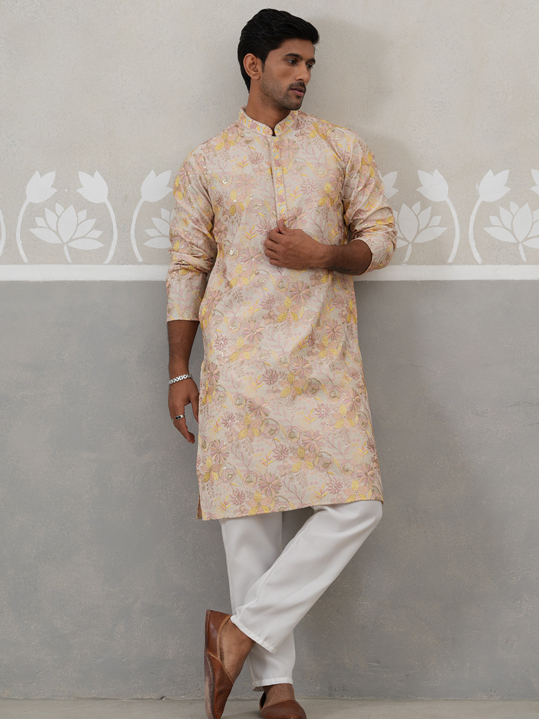 DesiQlo Men Embroidered Kurta Pyjama Set - Beige - JOKP_P_5323Cream_S