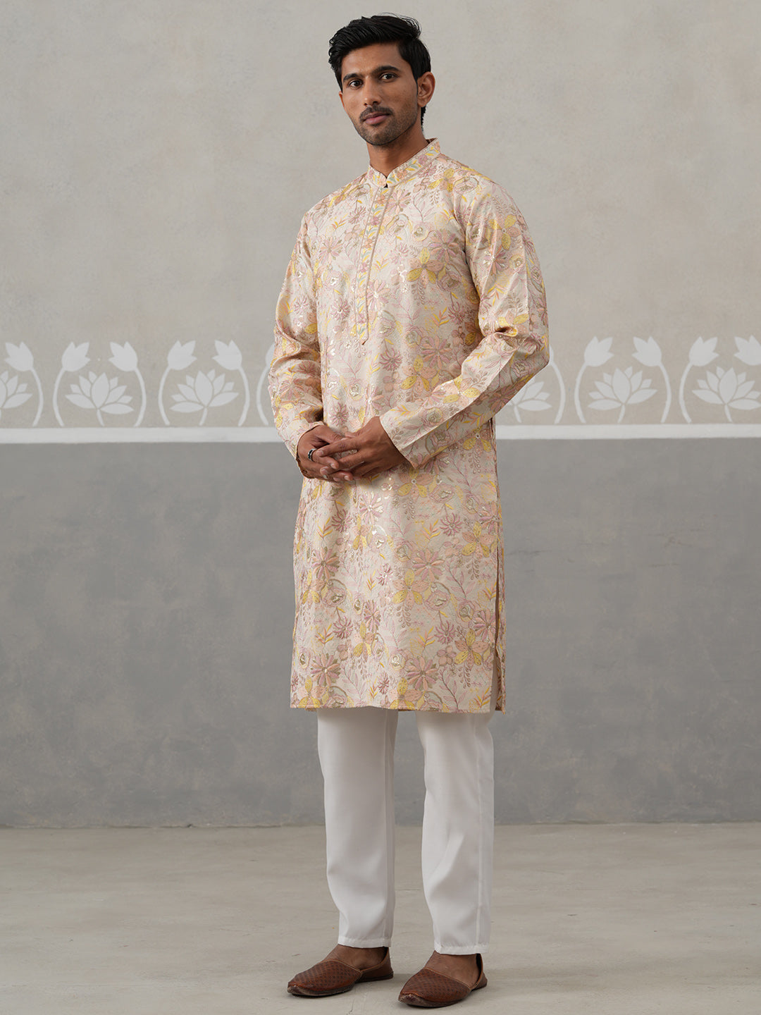 DesiQlo Men Embroidered Kurta Pyjama Set - Beige - JOKP_P_5323Cream_S