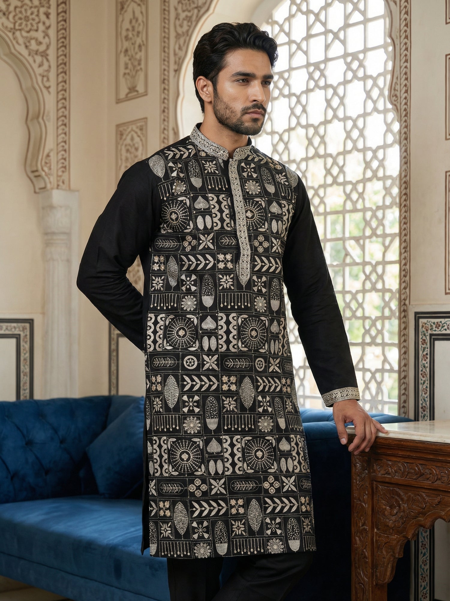 DesiQlo Men Embroidered Kurta Pyjama Set - Black - JOKP_B-P_5325Black_