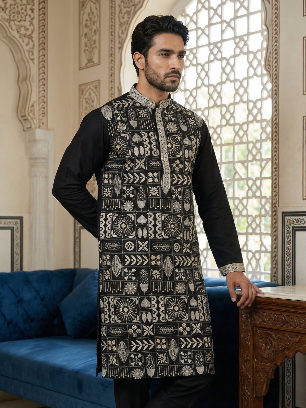 Silk Blend Embroidered Kurta Pyjama Set ( JOKP B-P 5325Black )