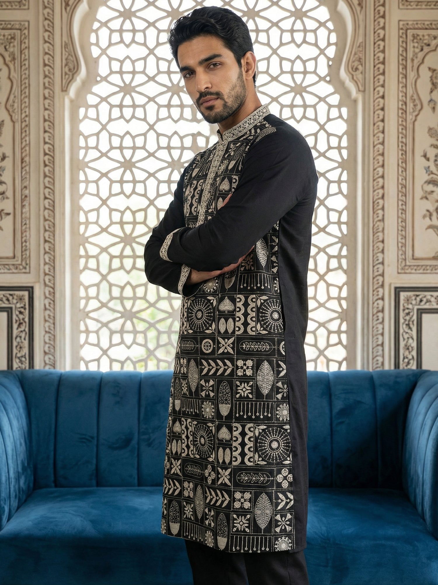 DesiQlo Men Embroidered Kurta Pyjama Set - Black - JOKP_B-P_5325Black_