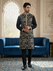 Silk Blend Embroidered Kurta Pyjama Set ( JOKP B-P 5325Black )