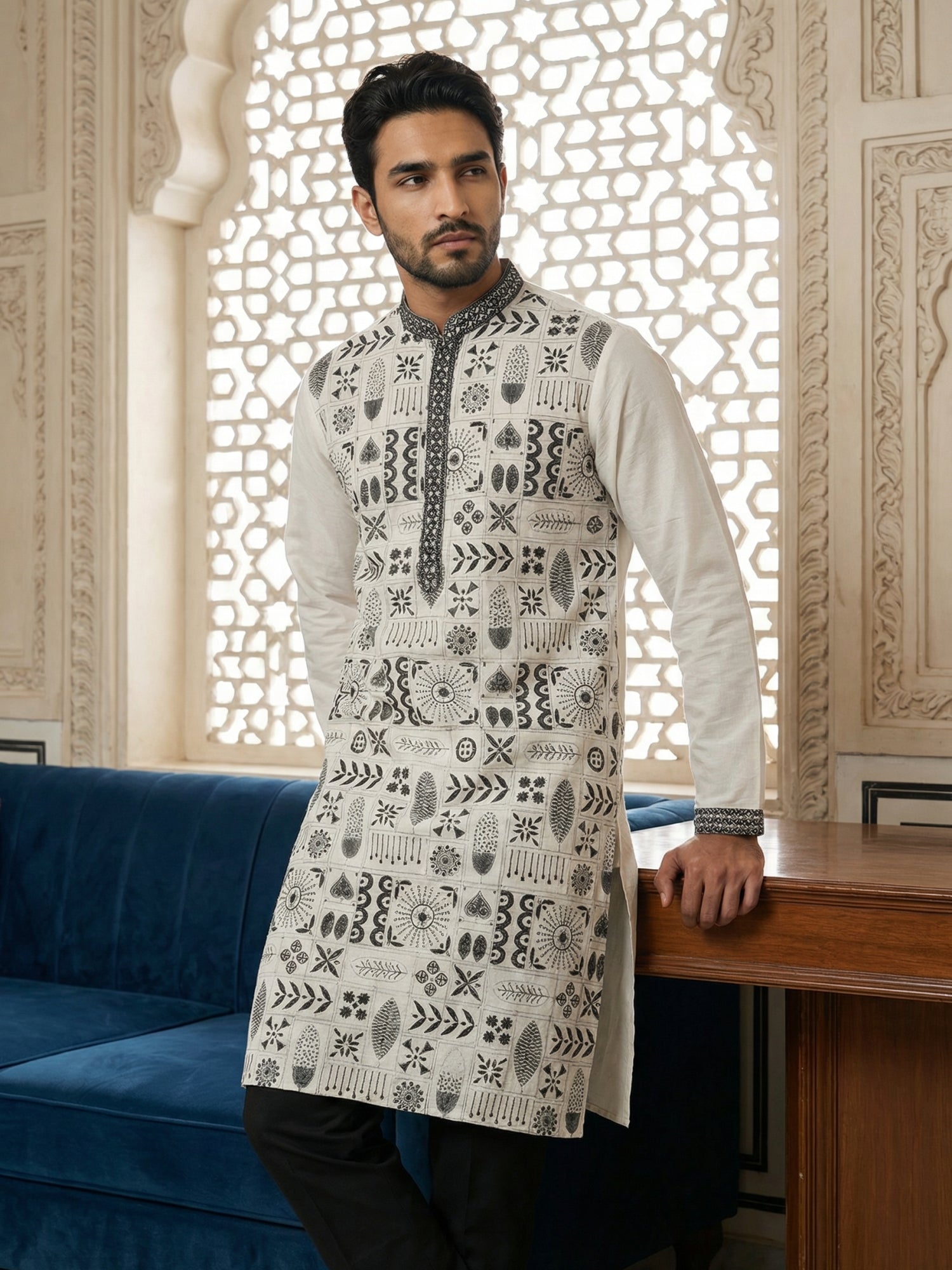 DesiQlo Men Embroidered Kurta Pyjama Set - White - JOKP_B-P_5325White_