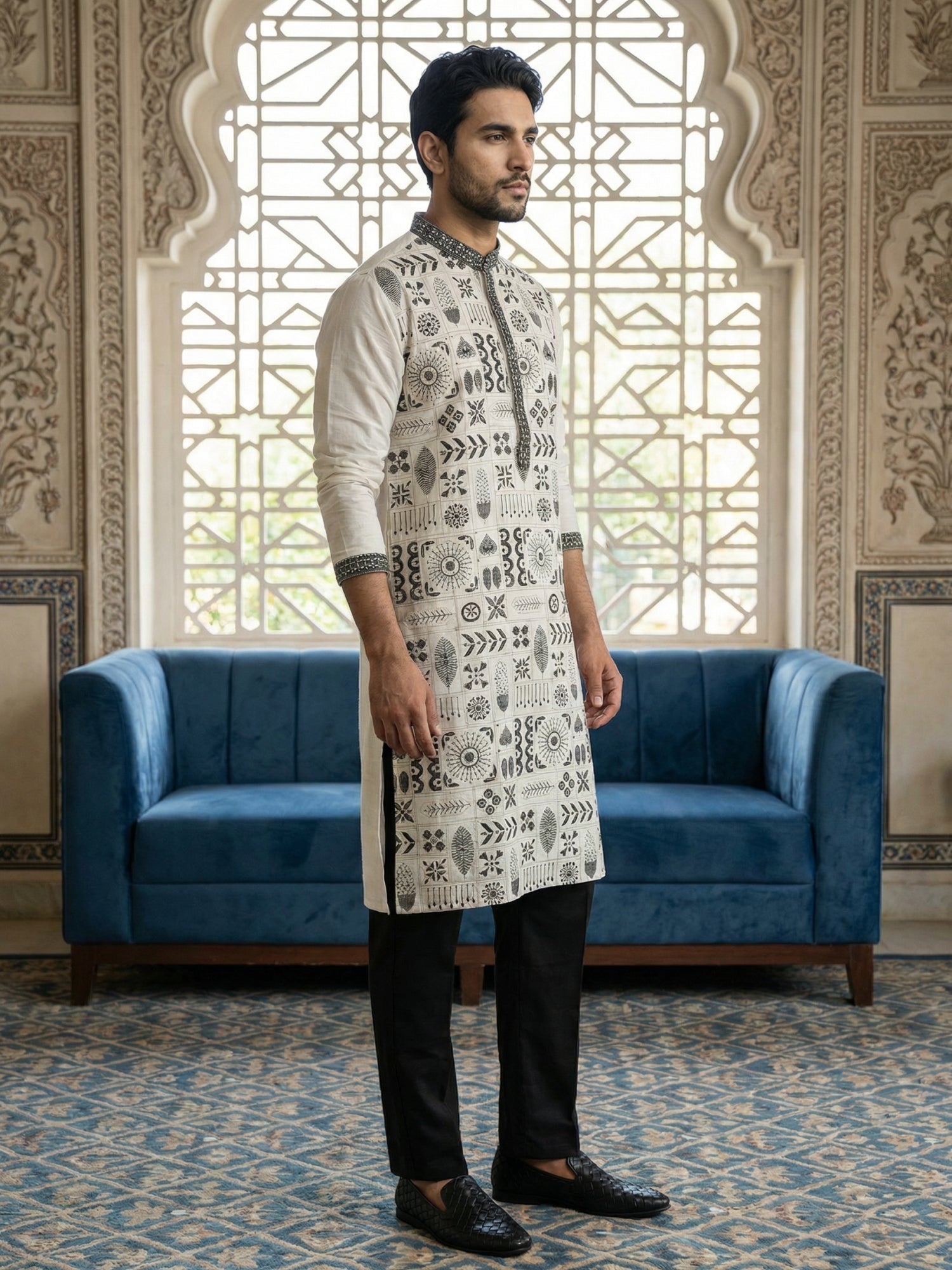 DesiQlo Men Embroidered Kurta Pyjama Set - White - JOKP_B-P_5325White_